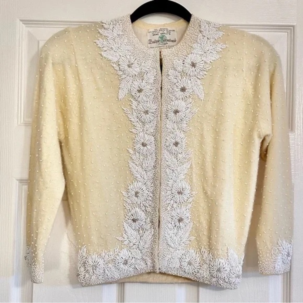 GENE SHELLY’S RARE Vintage Beaded Angora Cardigan Sweater 1950s